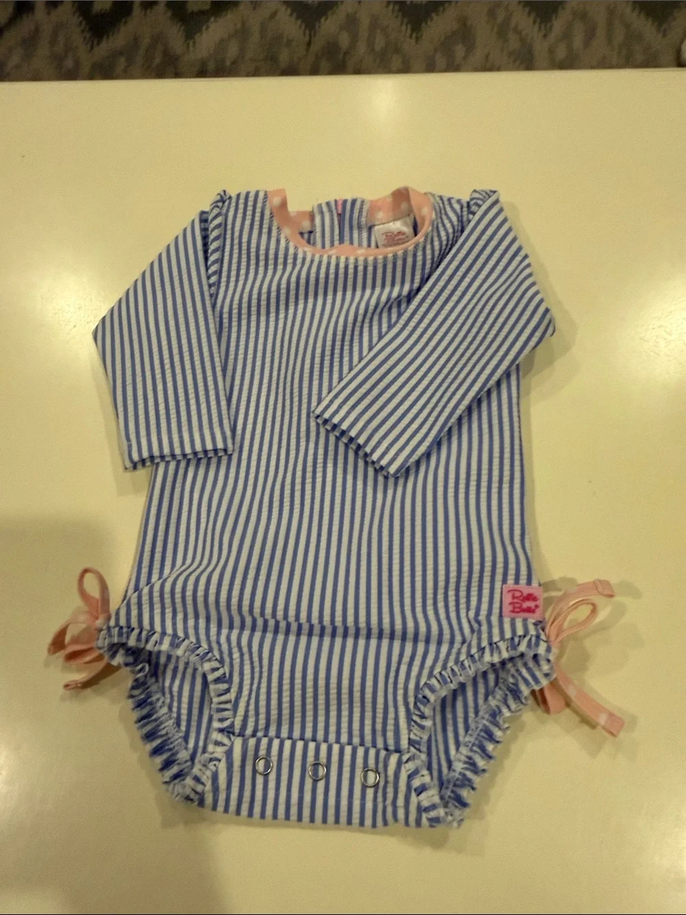 Ruffle Butts Blue & Pink Striped Long-Sleeve One-Piece